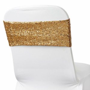 Sequin & Shimmer Sashes |  5 Pack 6″x15″ Gold Sequin Spandex Chair Sashes Bands