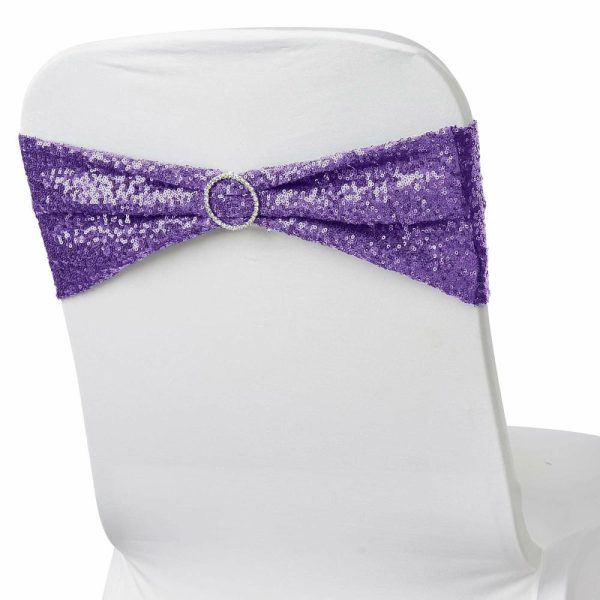 Sequin & Shimmer Sashes |  5 Pack 6″x15″ Purple Sequin Spandex Chair Sashes Bands