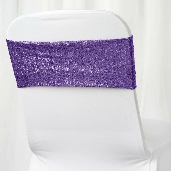 Sequin & Shimmer Sashes |  5 Pack 6″x15″ Purple Sequin Spandex Chair Sashes Bands