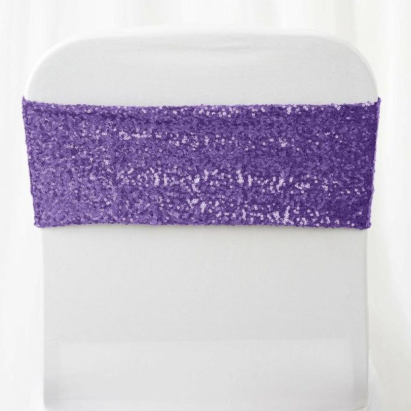 Sequin & Shimmer Sashes |  5 Pack 6″x15″ Purple Sequin Spandex Chair Sashes Bands