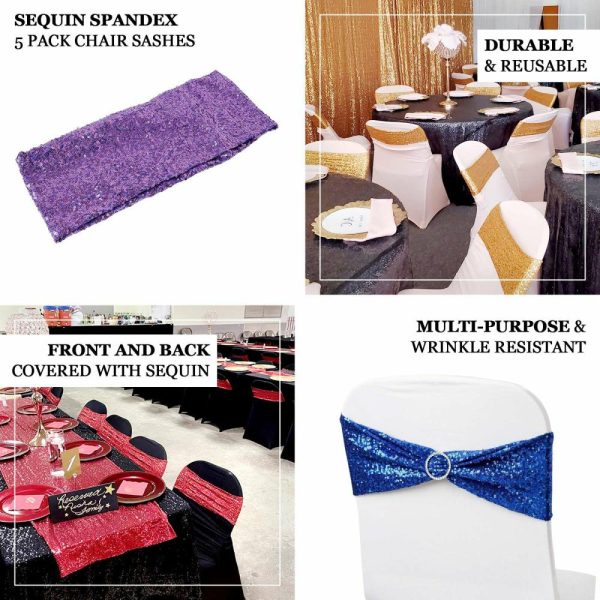 Sequin & Shimmer Sashes |  5 Pack 6″x15″ Purple Sequin Spandex Chair Sashes Bands