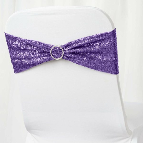 Sequin & Shimmer Sashes |  5 Pack 6″x15″ Purple Sequin Spandex Chair Sashes Bands