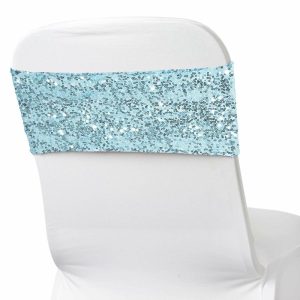 Sequin & Shimmer Sashes |  5 Pack 6″x15″ Serenity Blue Sequin Spandex Chair Sashes Bands