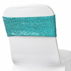 Sequin & Shimmer Sashes |  5 Pack 6″x15″ Turquoise Sequin Spandex Chair Sashes Bands