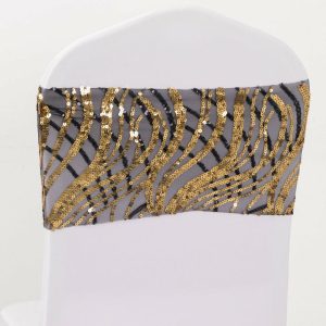 Sequin & Shimmer Sashes |  5 Pack Black Gold Wave Chair Sash Bands With Embroidered Sequins