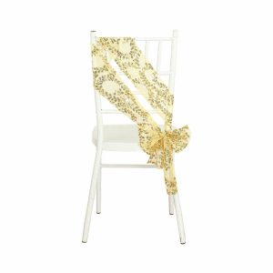 Sequin & Shimmer Sashes |  5 Pack Gold Tulle Wedding Chair Sashes with Leaf Vine Embroidered Sequins – 6″x88″