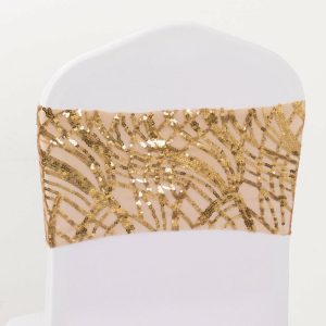 Sequin & Shimmer Sashes |  5 Pack Gold Wave Chair Sash Bands With Embroidered Sequins