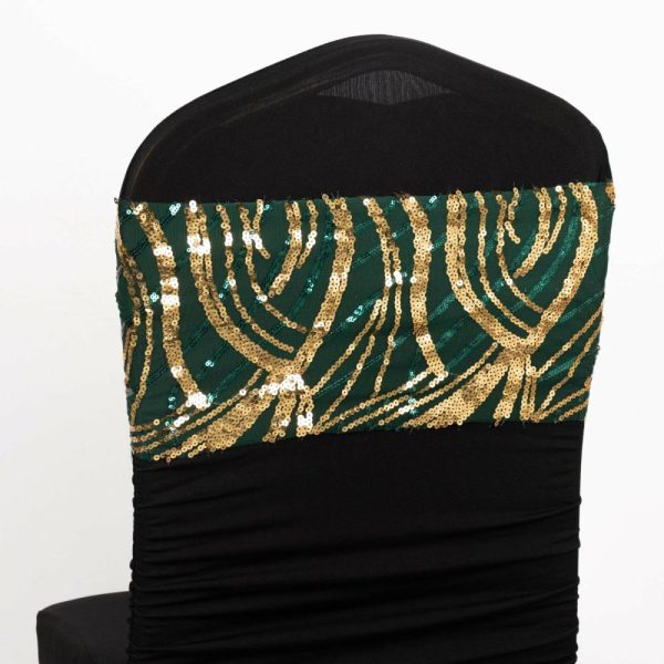 Sequin & Shimmer Sashes |  5 Pack Hunter Emerald Green Gold Wave Chair Sash Bands With Embroidered Sequins