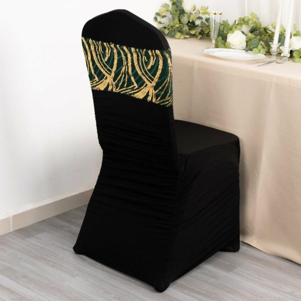 Sequin & Shimmer Sashes |  5 Pack Hunter Emerald Green Gold Wave Chair Sash Bands With Embroidered Sequins