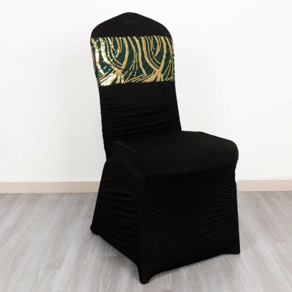 Sequin & Shimmer Sashes |  5 Pack Hunter Emerald Green Gold Wave Chair Sash Bands With Embroidered Sequins