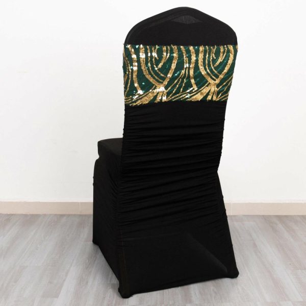 Sequin & Shimmer Sashes |  5 Pack Hunter Emerald Green Gold Wave Chair Sash Bands With Embroidered Sequins