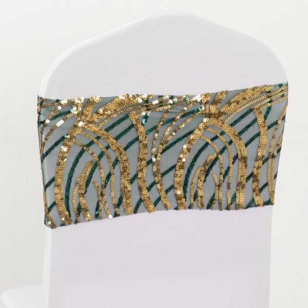 Sequin & Shimmer Sashes |  5 Pack Hunter Emerald Green Gold Wave Chair Sash Bands With Embroidered Sequins