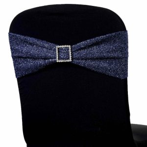 Sequin & Shimmer Sashes |  5 Pack Navy Blue Metallic Shimmer Tinsel Spandex Chair Sashes