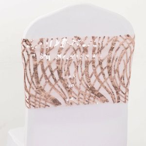 Sequin & Shimmer Sashes |  5 Pack Rose Gold Wave Chair Sash Bands With Embroidered Sequins