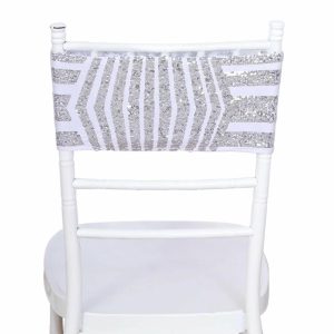 Sequin & Shimmer Sashes |  5 Pack Silver Diamond Glitz Sequin White Spandex Chair Sash Bands, Sparkly Geometric Stretchable Chair Sashes