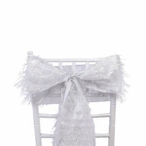 Sequin & Shimmer Sashes |  5 Pack Silver Metallic Fringe Shag Tinsel Chair Sashes, Shimmery Polyester Chair Sashes – 6″x108″