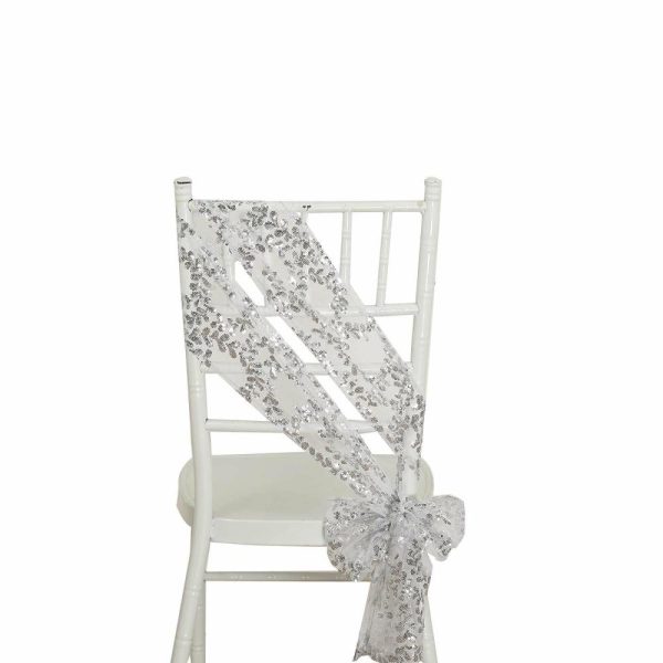 Sequin & Shimmer Sashes |  5 Pack Silver Tulle Wedding Chair Sashes with Leaf Vine Embroidered Sequins – 6″x88″