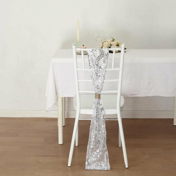 Sequin & Shimmer Sashes |  5 Pack Silver Tulle Wedding Chair Sashes with Leaf Vine Embroidered Sequins – 6″x88″