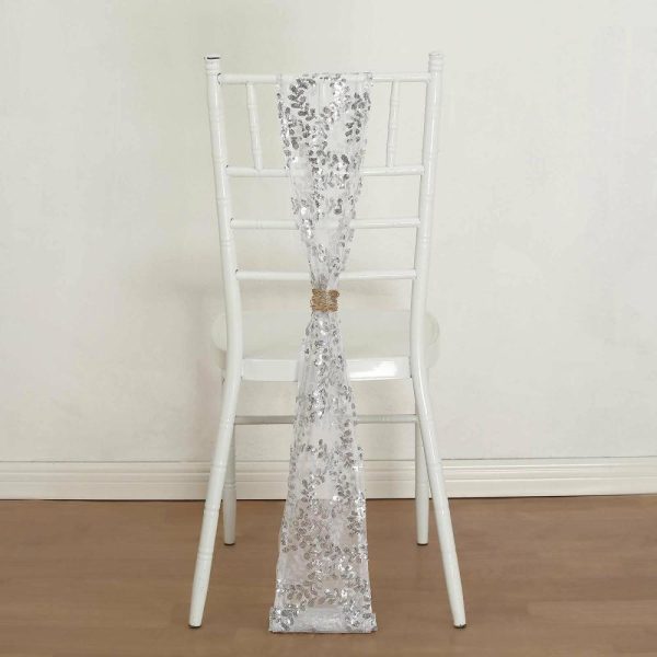 Sequin & Shimmer Sashes |  5 Pack Silver Tulle Wedding Chair Sashes with Leaf Vine Embroidered Sequins – 6″x88″