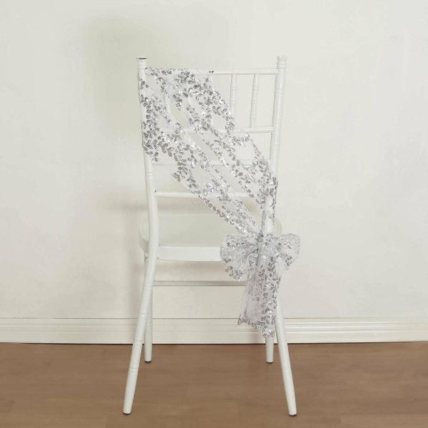 Sequin & Shimmer Sashes |  5 Pack Silver Tulle Wedding Chair Sashes with Leaf Vine Embroidered Sequins – 6″x88″