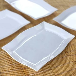 Serving Trays & Bowls |  10 Pack 12″ Glossy White Disposable Rectangular Serving Trays With Wave Trimmed Rim