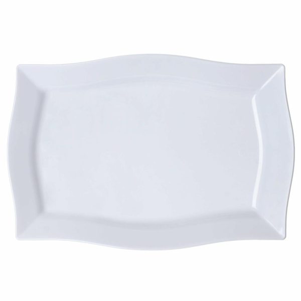 Serving Trays & Bowls |  10 Pack 12″ Glossy White Disposable Rectangular Serving Trays With Wave Trimmed Rim