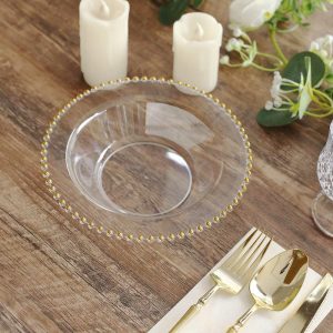 Serving Trays & Bowls |  10 Pack Clear Round Plastic Dessert Bowls with Gold Beaded Rim, 12oz Disposable Salad Soup Bowls