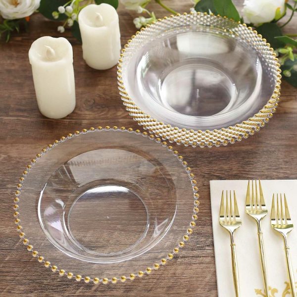 Serving Trays & Bowls |  10 Pack Clear Round Plastic Dessert Bowls with Gold Beaded Rim, 12oz Disposable Salad Soup Bowls