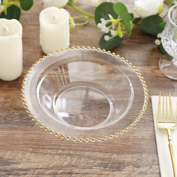 Serving Trays & Bowls |  10 Pack Clear Round Plastic Dessert Bowls with Gold Beaded Rim, 12oz Disposable Salad Soup Bowls