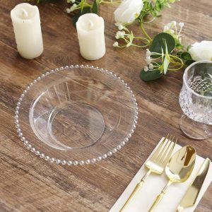 Serving Trays & Bowls |  10 Pack Clear Round Plastic Dessert Bowls with Silver Beaded Rim, 12oz Disposable Salad Soup Bowls