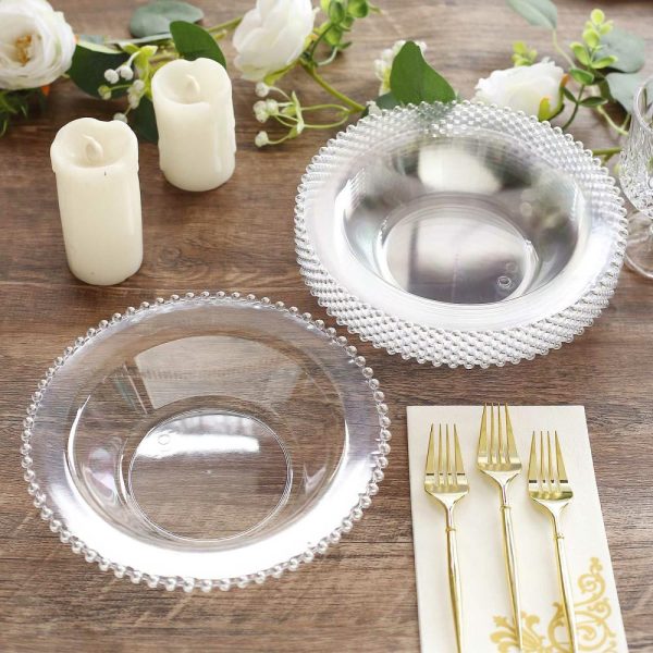 Serving Trays & Bowls |  10 Pack Clear Round Plastic Dessert Bowls with Silver Beaded Rim, 12oz Disposable Salad Soup Bowls