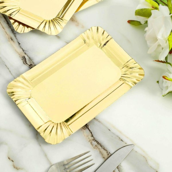 Serving Trays & Bowls |  10 Pack Metallic Gold 6″ Small Paper Cardboard Serving Trays, Rectangle Party Platters With Scalloped Rim – 400 GSM