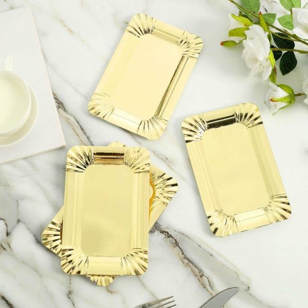 Serving Trays & Bowls |  10 Pack Metallic Gold 6″ Small Paper Cardboard Serving Trays, Rectangle Party Platters With Scalloped Rim – 400 GSM