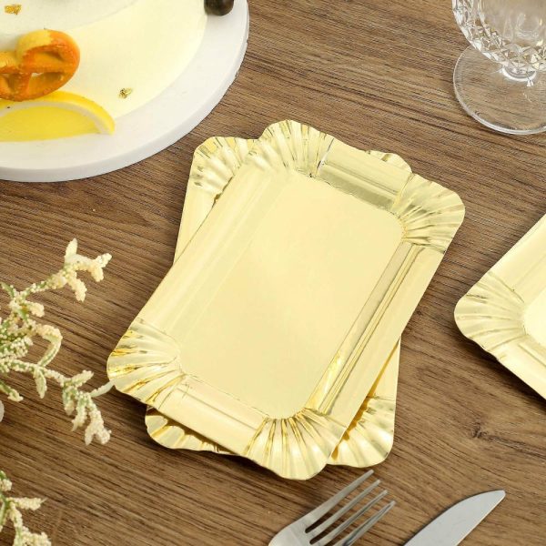 Serving Trays & Bowls |  10 Pack Metallic Gold 6″ Small Paper Cardboard Serving Trays, Rectangle Party Platters With Scalloped Rim – 400 GSM