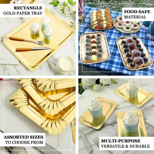 Serving Trays & Bowls |  10 Pack Metallic Gold 6″ Small Paper Cardboard Serving Trays, Rectangle Party Platters With Scalloped Rim – 400 GSM