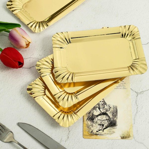 Serving Trays & Bowls |  10 Pack Metallic Gold 6″ Small Paper Cardboard Serving Trays, Rectangle Party Platters With Scalloped Rim – 400 GSM