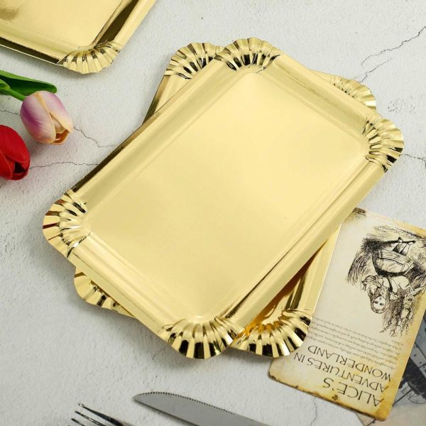 Serving Trays & Bowls |  10 Pack Metallic Gold 9″ Paper Cardboard Serving Trays, Rectangle Party Platters With Scalloped Rim – 400 GSM