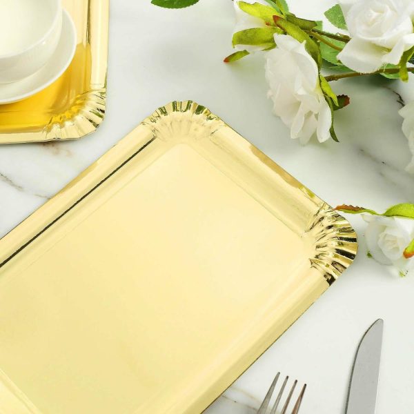 Serving Trays & Bowls |  10 Pack Metallic Gold 9″ Paper Cardboard Serving Trays, Rectangle Party Platters With Scalloped Rim – 400 GSM