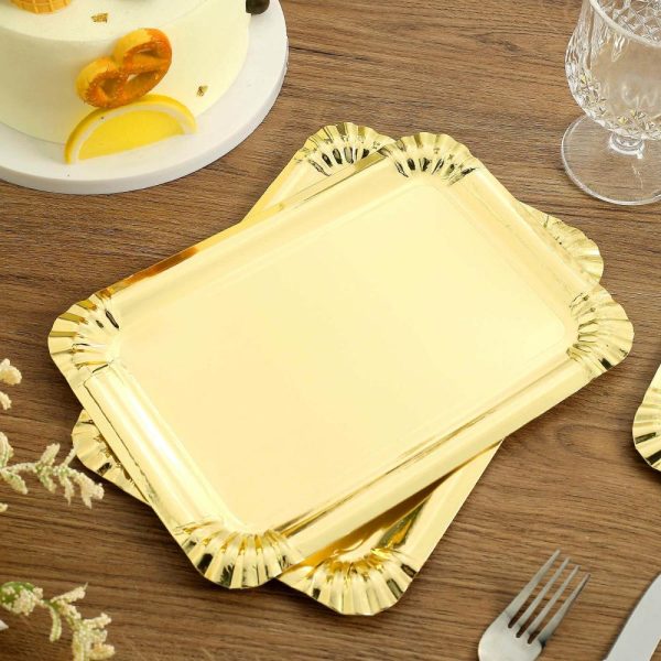 Serving Trays & Bowls |  10 Pack Metallic Gold 9″ Paper Cardboard Serving Trays, Rectangle Party Platters With Scalloped Rim – 400 GSM