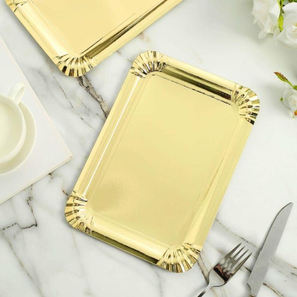 Serving Trays & Bowls |  10 Pack Metallic Gold 9″ Paper Cardboard Serving Trays, Rectangle Party Platters With Scalloped Rim – 400 GSM