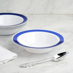 Serving Trays & Bowls |  10 Pack White Round 12oz Disposable Plastic Soup Bowl With Royal Blue and Silver Rim