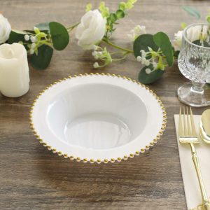 Serving Trays & Bowls |  10 Pack White Round Plastic Dessert Bowls with Gold Beaded Rim, 12oz Disposable Salad Soup Bowls