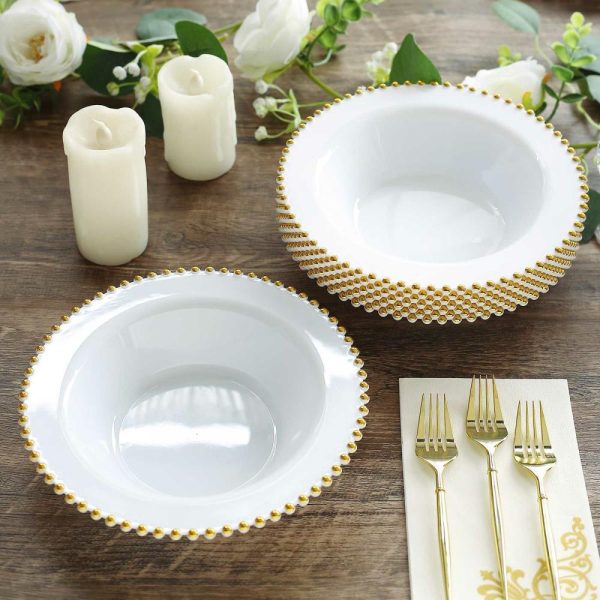 Serving Trays & Bowls |  10 Pack White Round Plastic Dessert Bowls with Gold Beaded Rim, 12oz Disposable Salad Soup Bowls