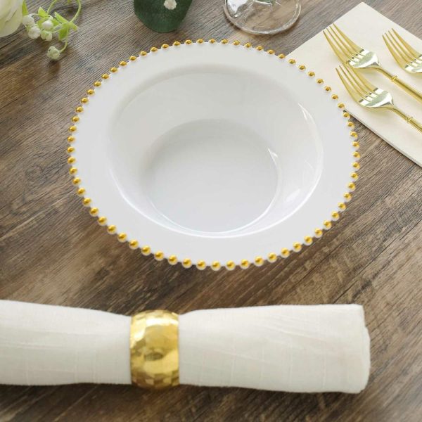 Serving Trays & Bowls |  10 Pack White Round Plastic Dessert Bowls with Gold Beaded Rim, 12oz Disposable Salad Soup Bowls