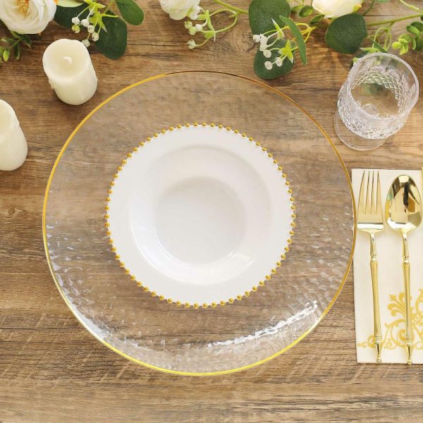 Serving Trays & Bowls |  10 Pack White Round Plastic Dessert Bowls with Gold Beaded Rim, 12oz Disposable Salad Soup Bowls