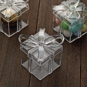 Serving Trays & Bowls |  12 Pack 3″ Square Clear Bow Top Plastic Party Favor Boxes, Transparent Candy Container Gift Boxes