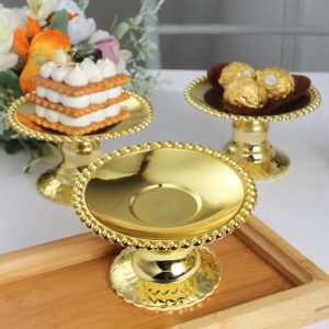 Serving Trays & Bowls |  12 Pack 5″ Gold Mirror Finish Mini Plastic Pedestal Cake Stands With Beaded Rim, Disposable Round Cupcake Dessert Display Serving Plates