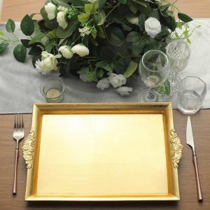 Serving Trays & Bowls |  2 Pack Gold Rectangle Decorative Acrylic Serving Trays With Embossed Rims – 14″x10″