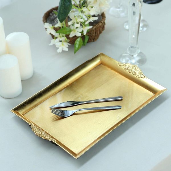 Serving Trays & Bowls |  2 Pack Gold Rectangle Decorative Acrylic Serving Trays With Embossed Rims – 14″x10″