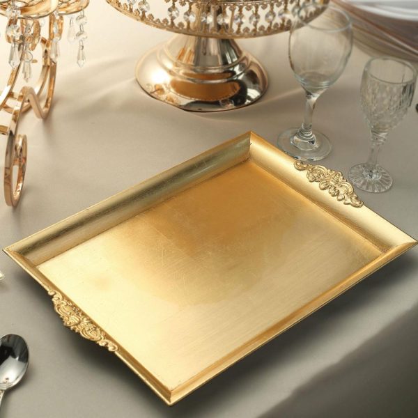 Serving Trays & Bowls |  2 Pack Gold Rectangle Decorative Acrylic Serving Trays With Embossed Rims – 14″x10″